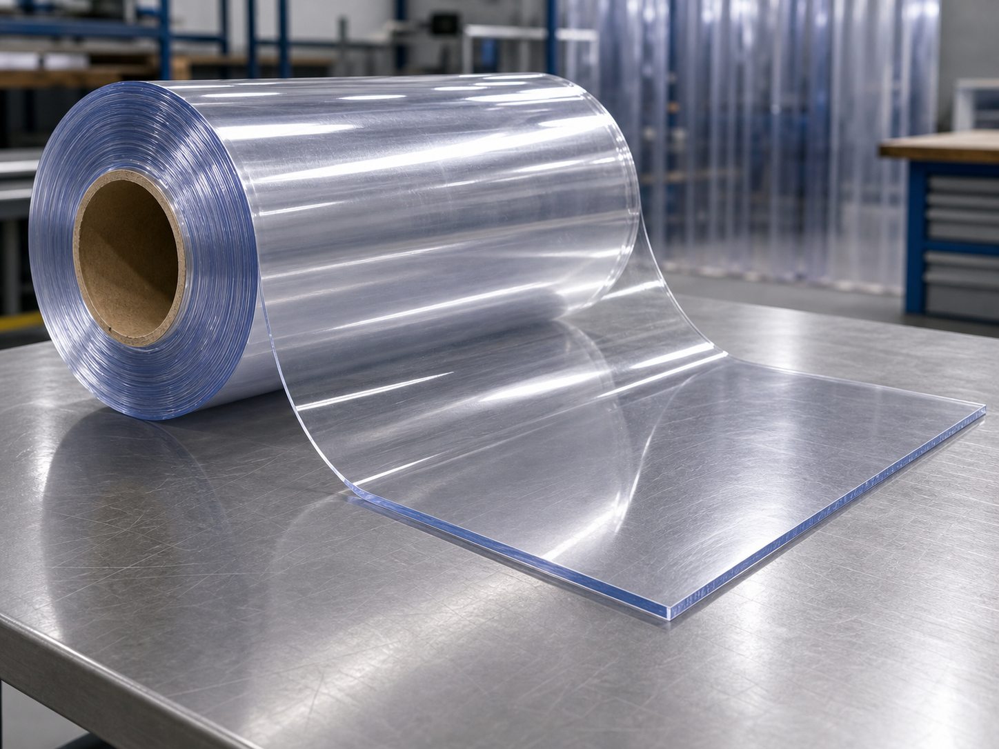 Clear flexible PVC sheet roll and sheet sample on a worktable