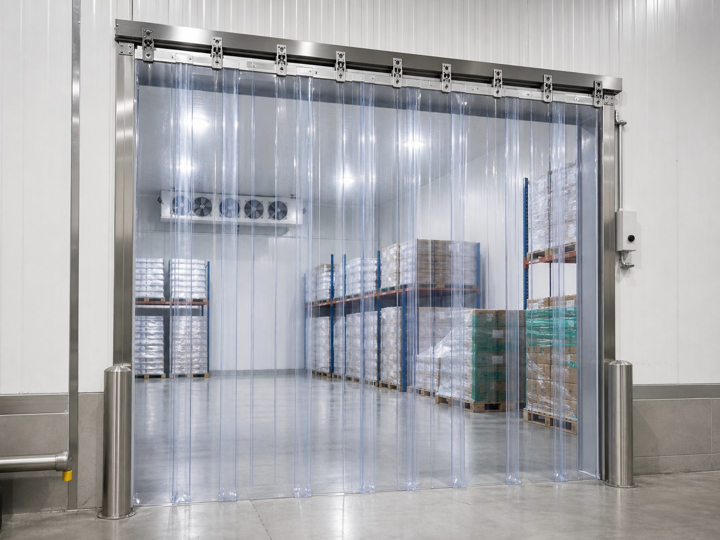 Low-temperature PVC strip curtain at a cold room entrance