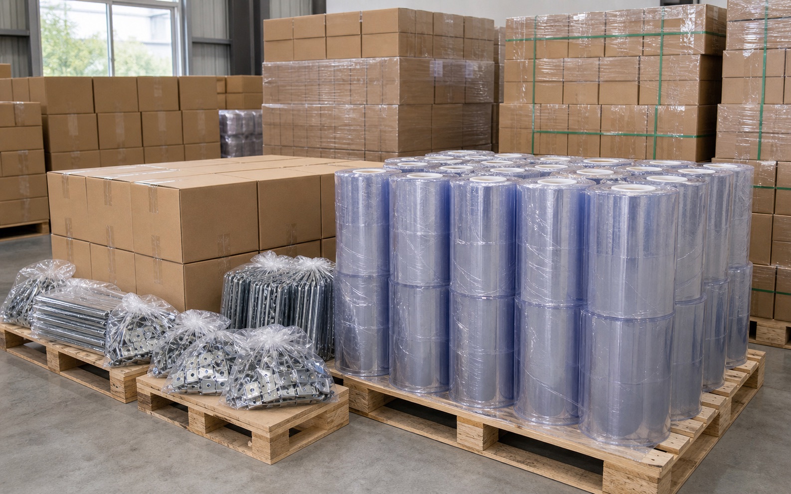 PVC curtain rolls and hardware packed for export shipment