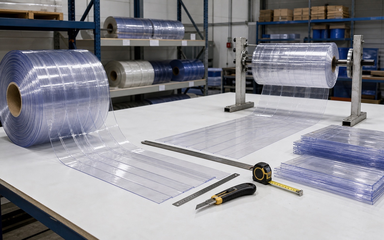 PVC strip curtain material cutting and preparation area