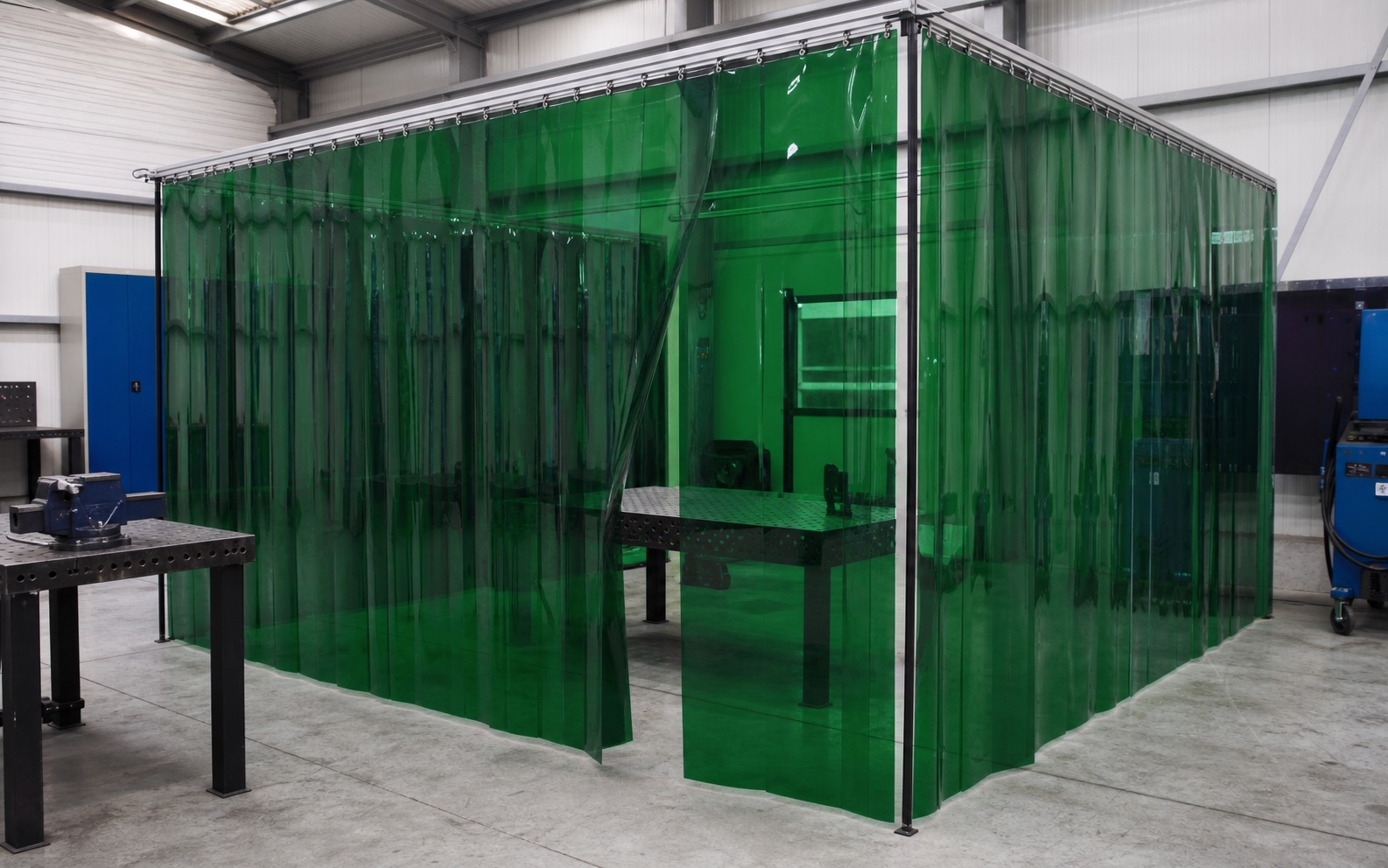 Colored PVC welding curtain used as a workshop safety partition